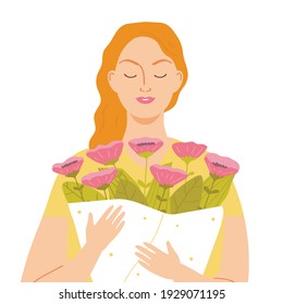 Portrait of a beautiful red-haired woman with a bouquet of flowers. Female character on a white background. International Women's Day. Vector illustration in flat style