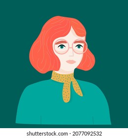 Portrait of a beautiful red-haired woman with bright green eyes, abstractly stylized, on a dark green background, vector illustration