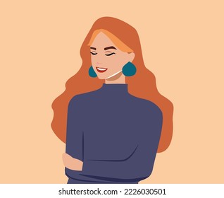 Portrait of a beautiful redhead girl in fashion accessories. Avatar for the social network. The woman is smiling. Emotions Laughter, joy, happiness. Vector illustration for social network