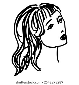 Portrait of a beautiful romantic lady with long loose hair. Female head. Face of a pretty girl. Hand drawn linear doodle rough sketch. Black and white silhouette.