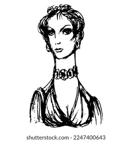 Portrait of a beautiful sad woman in vintage style. Hand drawn sketch. Black and white silhouette.