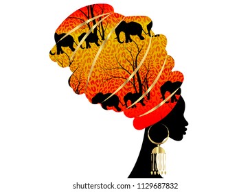 Portrait beautiful silhouette African woman in traditional turban, Kente head wrap African, Traditional dashiki printing, Batik style tiger pattern with cute animal, Elephants. Vector isolated 