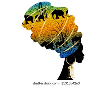 Portrait beautiful silhouette African woman in traditional turban, Kente head wrap Africa, Traditional dashiki printing, Batik style tiger pattern with cute animal, Elephants. Vector isolated 