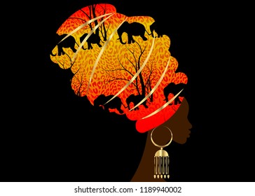 Portrait beautiful silhouette African woman in traditional turban, Kente head wrap Afro, Traditional dashiki printing Batik style tiger pattern with cute animal Elephants. Vector isolated or black