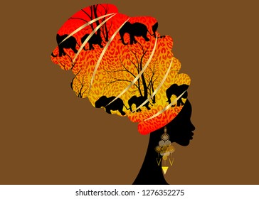 Portrait beautiful silhouette African woman in traditional turban, Kente head wrap African, Traditional dashiki printing, Batik style tiger pattern with cute animal, Elephants. Vector isolated 