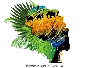 Portrait beautiful silhouette African woman in traditional turban. Kente head wrap Afro, Traditional dashiki printing Batik style tiger pattern with cute animal Elephants. Vector isolated with palms