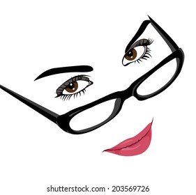 Portrait of beautiful smart young woman wearing hipster glasses. Easy editable layered vector illustration.