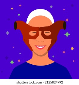 Portrait of a beautiful and smiling girl with hands showing ok gesture. Happiness. Avatar for social networks. Vector illustration in flat style.