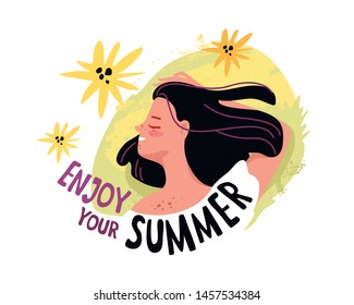Portrait of Beautiful smiling woman relaxingon summer vacation. Summer illustration.