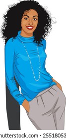 Portrait of a beautiful smiling young woman with long curly black hair  isolated on a white background