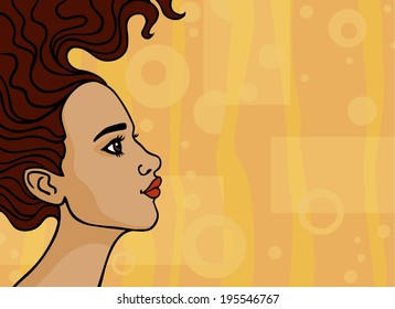 portrait of the beautiful swarthy girl with the raised curly hair