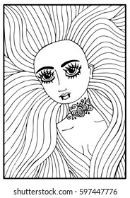 Portrait of a beautiful vampire girl with long hair. Vintage style card with woman for coloring book, invitation, posters, placards, banners, printable.