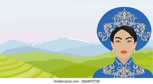 Portrait of a beautiful vietnamese woman in a national costume on the background of a mountain landscape.Vector illustration.