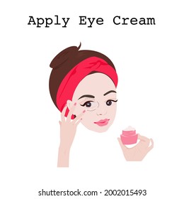 Portrait of beautiful woman applying eye cream with her right ring finger and her left hand holding a jar of cream.Young cute girl applying moisturizer.Vector flat design concept for beauty ,cosmetic. svg