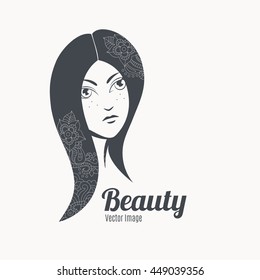 Portrait of beautiful woman with big beautiful eyes and flowers in hair. Fashion illustration, beauty logo design. Monochrome