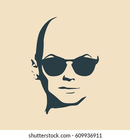 Portrait Of Beautiful Woman In Black Sunglasses. Without Hair. Vector Version. Front View. Bald Head