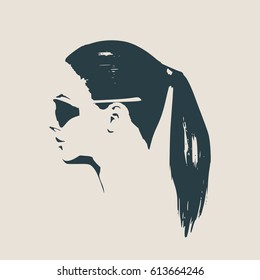 Portrait Of Beautiful Woman In Black Sunglasses. Pony Tail Hair Style. Vector Version. Side View