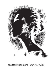 Portrait of a beautiful woman in black-white graphics. Social network avatar, logo. Vector illustration 