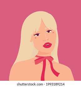 Portrait of a beautiful woman. Blond woman on a pink background. Social media avatar. Minimalistic portrait. Flat style. Vector.