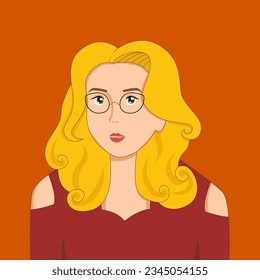 Retrato de una hermosa mujer con el pelo rubio ondulado usando gafas. Ilustración vectorial en estilo plano. 