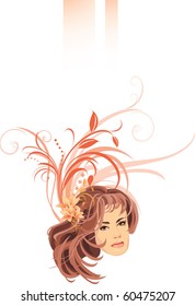 Portrait of beautiful woman with bouquet of lilies in hair. Banner. Vector