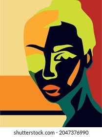 Portrait of a beautiful woman in a bright colors graphic. Social network avatar, logo. Vector illustration 