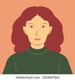 Portrait of a beautiful woman with bushy hair in flat cartoon illustration. Young woman face avatar
