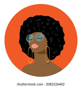 Portrait of a beautiful woman. Cartoon afro american girl wearing blue head. Modern afro american girl with curly hair.