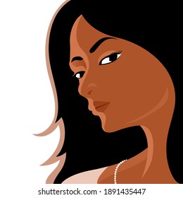 Portrait of a beautiful woman with charming look. Young face, black hair. Vector illustration.