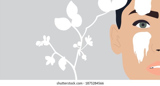 Portrait of beautiful woman with cream, alginate mask on cheekbone and on the brow area. Face and floral decoration. Skin care routine vector concept illustration.