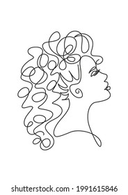 Portrait of a beautiful woman with curly hair in profile. Woman's face. Vector illustration, line art, continuous line, conteporary. Logo, emblem, symbol, sign, print, poster