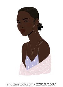 Portrait of beautiful woman. Cute African American girl with dark hair in stylish clothes and accessories. Design element for avatars and print. Cartoon flat vector illustration on white background