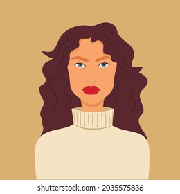 Portrait of a beautiful woman with dark hair and blue eyes in a sweater. Social media avatar. Minimalistic portrait. Flat style. Vector.