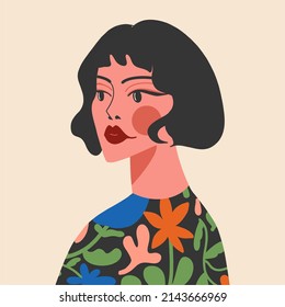 Portrait of a beautiful woman with a dark short haircut in a floral blouse. Flat design, hand drawn cartoon, vector illustration.