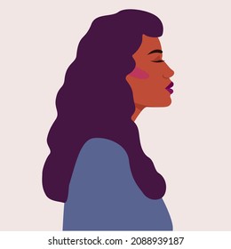 Portrait of a beautiful woman with dark skin and curly dark hair. Close-up female portrait. Single person illustration on flat style.