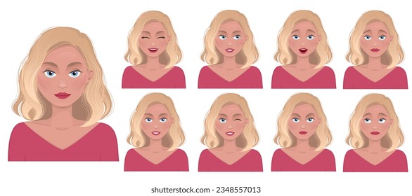 Portrait of a beautiful woman with different facial emotions isolated on white background. Young girl smiling, surprised, happy, smiling, kind, angry emotions. Vector character. Blonde hair