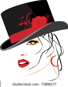 Portrait of beautiful woman in a elegant hat with red rose. Vector