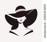 Portrait of a beautiful woman in an elegant wide-brimmed hat in a minimalist style. Young girl with pink lips. High Fashion vector illustration.