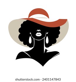 Retrato de una hermosa mujer con un elegante sombrero de paja ancha de estilo minimalista. Joven con 
aretes. Ilustración vectorial de alta moda.