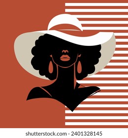 Retrato de una hermosa mujer con un elegante sombrero de paja ancha de estilo minimalista. Joven con 
aretes. Ilustración vectorial de alta moda.