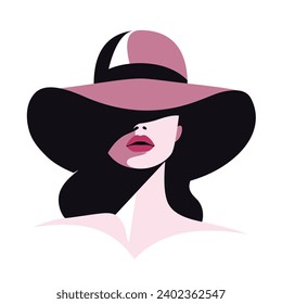 Portrait of a beautiful woman in an elegant wide-brimmed hat in a minimalist style. Young girl with pink lips. High Fashion vector illustration.