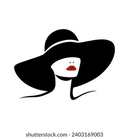 Retrato de una hermosa mujer con un elegante sombrero de paja ancha de estilo minimalista. Jovencita con labios rojos. Ilustración vectorial de alta moda.