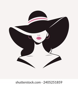 Portrait of a beautiful woman in an elegant wide-brimmed hat in a minimalist style. Young girl with pink lips. High Fashion vector illustration.