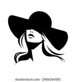 Portrait of a beautiful woman in an elegant wide-brimmed hat in a minimalist style. Young girl in a dress. High Fashion vector illustration.