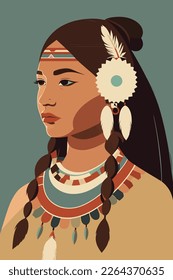 Portrait of a beautiful woman in ethnic costume. flat color cartoon Vector illustration.