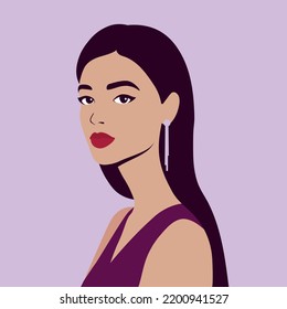 Portrait of the beautiful woman. The face of a girl. Female avatar. Flat vector illustration.