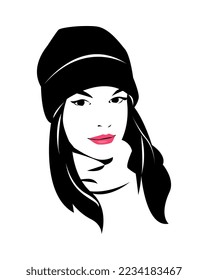 portrait of a beautiful woman face wearing a beanie hat. smile. red lips. vector graphic. isolated on white background