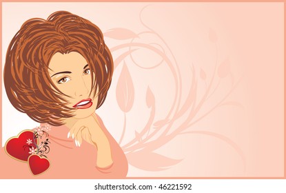 Portrait of beautiful woman with floral ornament and hearts. Card. Vector
