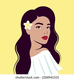 Portrait of the beautiful woman with a flower. The face of a girl. Female avatar. Flat vector illustration.