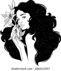 Portrait of beautiful woman with flowers. Black and white ink illustration.